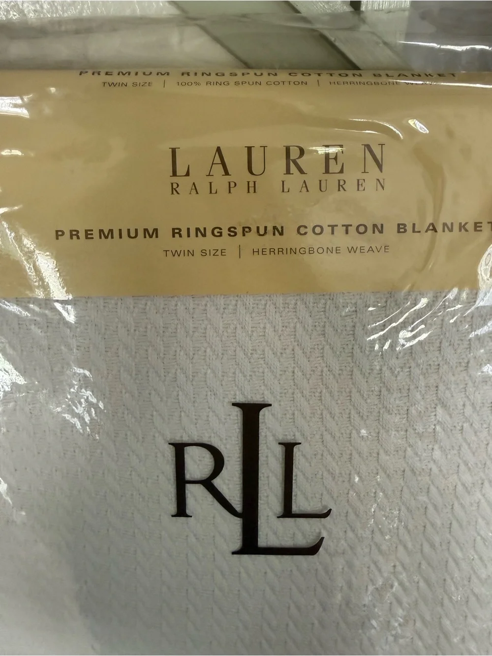 Ralph Lauren White Herringbone Cotton Blanket with Brown RLL Logo
